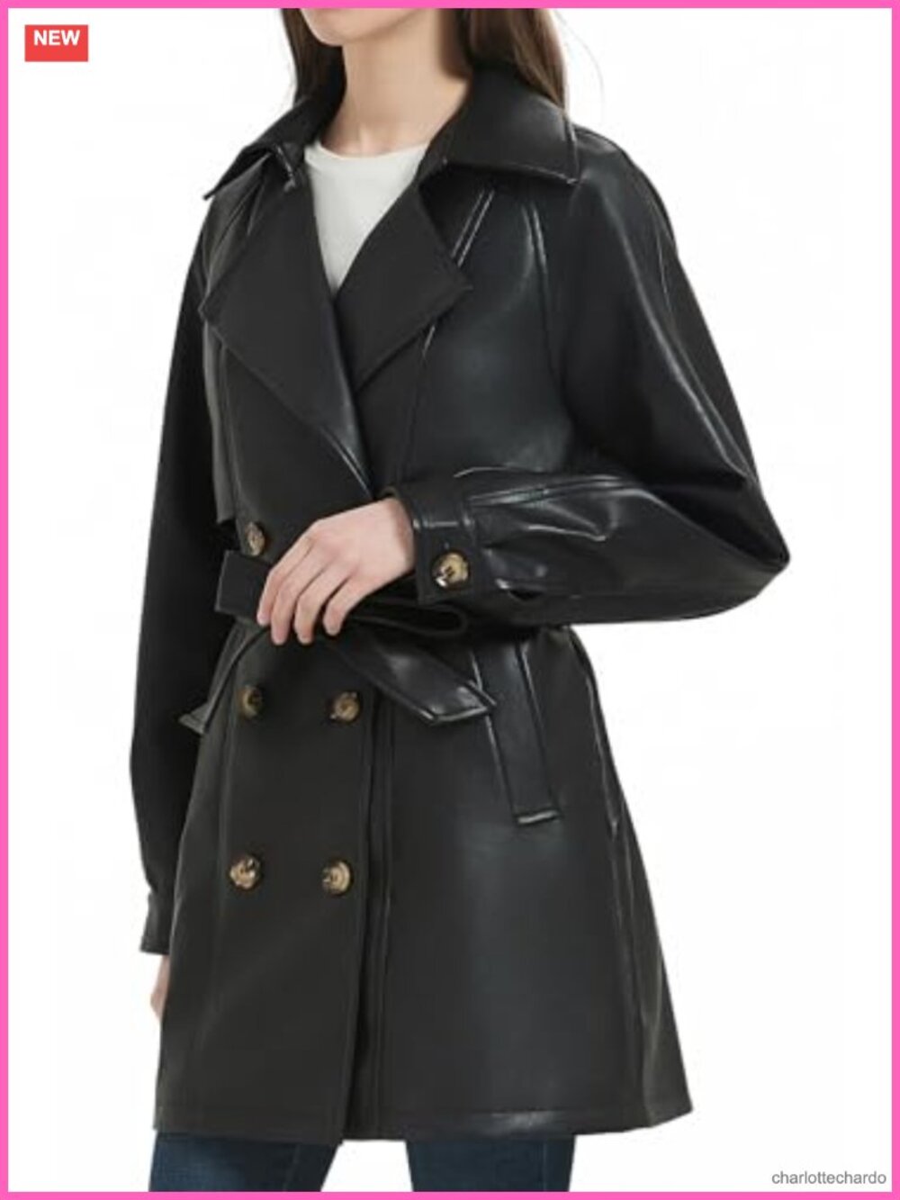 Faux Leather Trench Coat Double Breasted Long Jacket Relaxed Fit